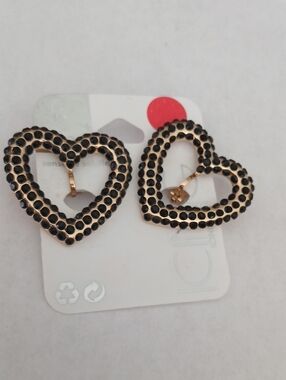 Gold Heart Hoop Earrings with Black Stones- Clip On